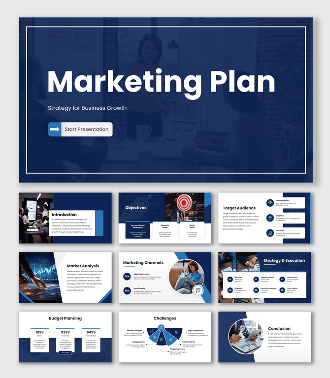Marketing Plan Template with dark blue theme, charts, icons, shapes, team visuals and business strategy slides.