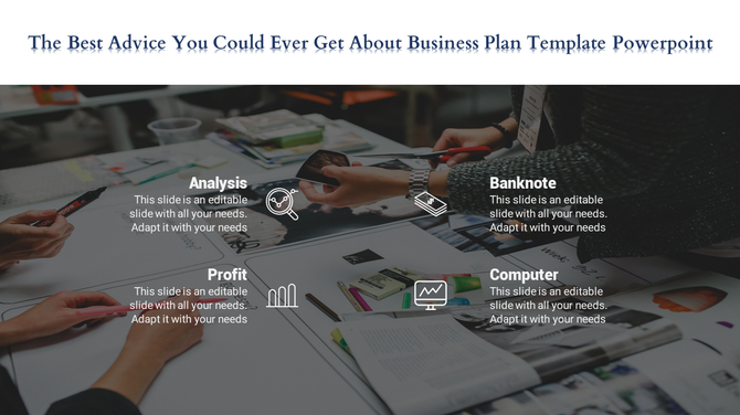 Business planning slide with a background of hands working on documents and tools, featuring labeled sections.