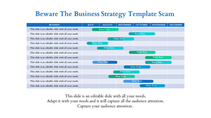 Business strategy template with a table layout showcasing tasks and progress across months from July to December.