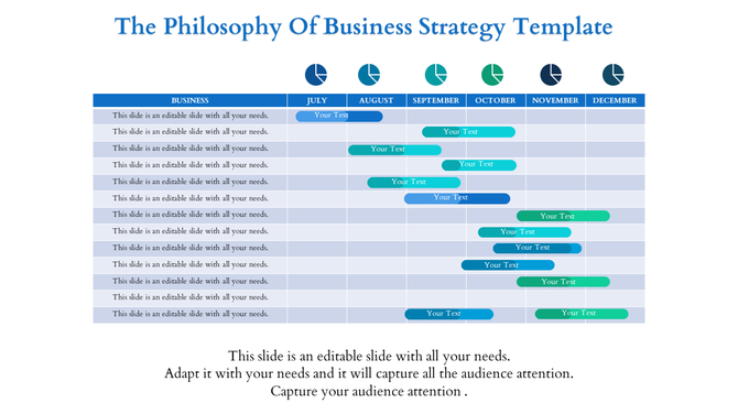 Monthly business strategy template with rows of tasks and blue and green progress bars under month from July to December.