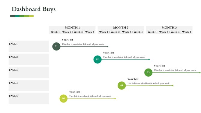 Dashboard style timeline with tasks distributed across three months, featuring green progress markers and labeled weeks.