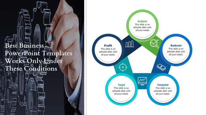 Split slide featuring a hand with gears on the left and a pentagon diagram with five circular icons on the right.