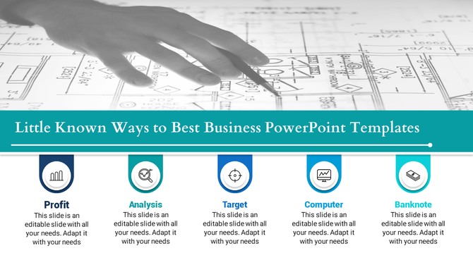 Architectural backdrop with teal business themed banner and five labeled sections for key elements each with caption areas. 