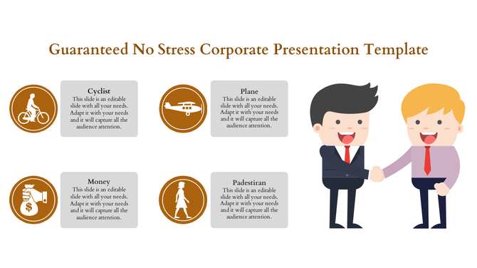 Slide featuring four brown circular icons with text boxes and two illustrated business figures in suits shaking hands.