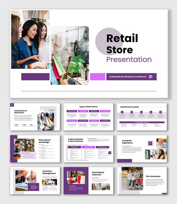 The Retail Store PPT template shoppers, product displays, layout design, pricing, and customer experience slides