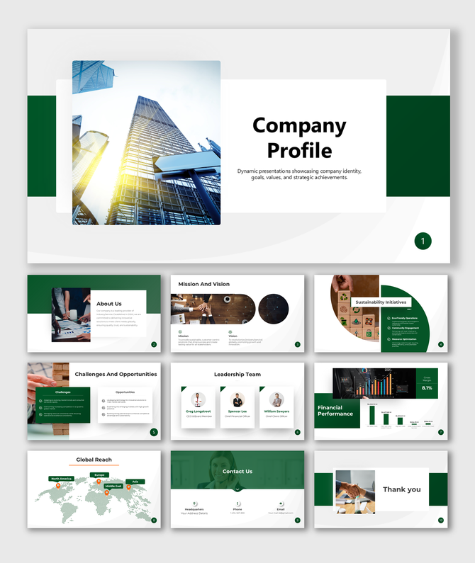 Company profile presentation with sections on mission, sustainability, leadership, global reach, and financial performance.