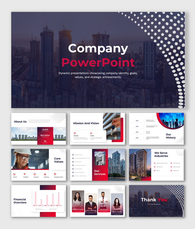 Company PowerPoint slides with sections on mission, services, history, financial, and core values in a modern design.