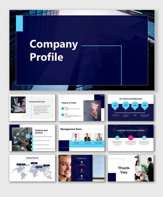 Company profile slides with sections on mission, milestones, products, management team, global reach, and contact details.