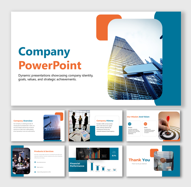 Company PowerPoint slides featuring mission, history, services, financial performance, and a modern corporate design.