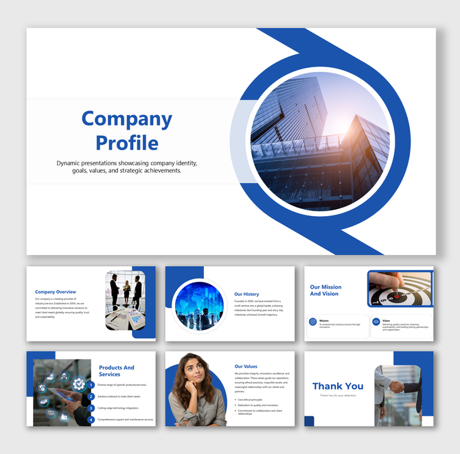 Company profile slides with sections on mission, history, services, values, and a modern blue-themed corporate design.