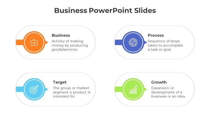 Business PowerPoint slide with colorful icons and descriptions for business, process, target, and growth.