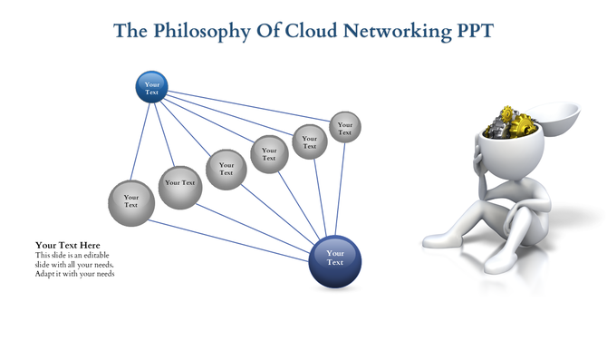 Illustration of network connectivity featuring spheres connected by lines and a symbolic figure with gears in its head.