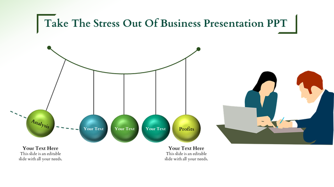 Business slide featuring a Newton’s cradle concept with labeled spheres for analysis with caption areas.