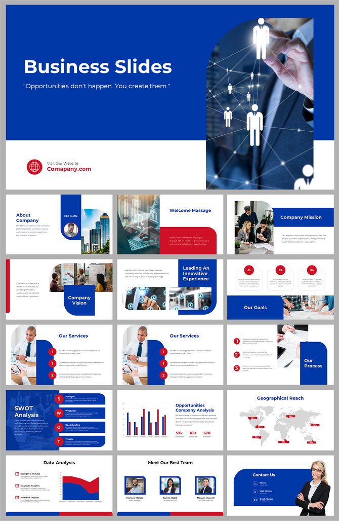 Alt: Overview of a 16-slide Business Slides deck featuring blue and red layouts for SWOT analysis, services, and data charts.