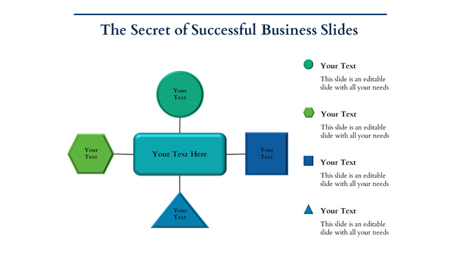 Business slide with geometric shapes of circle, hexagon, rectangle, square, triangle in green and blue tones.