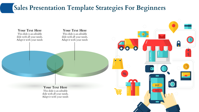 Sales PPT slide featuring overlapping pie charts and an e commerce themed illustration with icons and a mobile device.