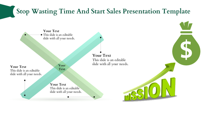 Sales slide with intersecting green arrows, four text placeholders, and a dollar bag icon with an upward arrow.