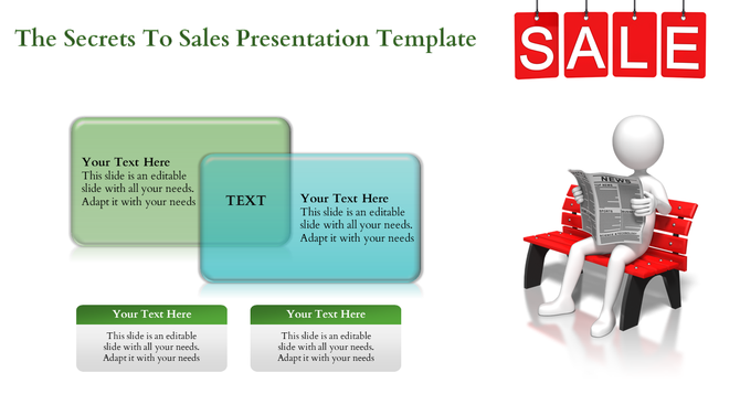 Sales presentation template with text boxes and a sale banner.