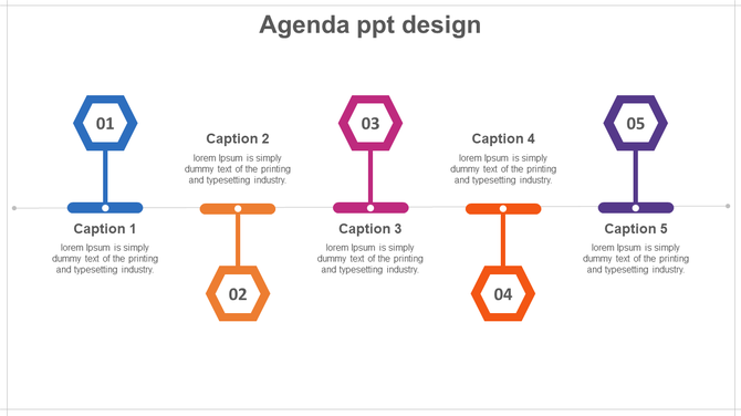 Agenda PowerPoint slide design with five numbered hexagons and captions.