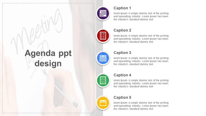 Agenda slide with five numbered sections each with a caption areas presented in a creative design with hand-drawn elements.