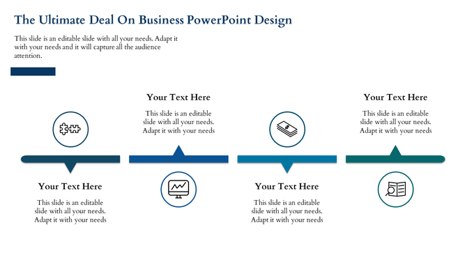 Sales PowerPoint design featuring icons for puzzle pieces, money, analytics, and document review with text captions.