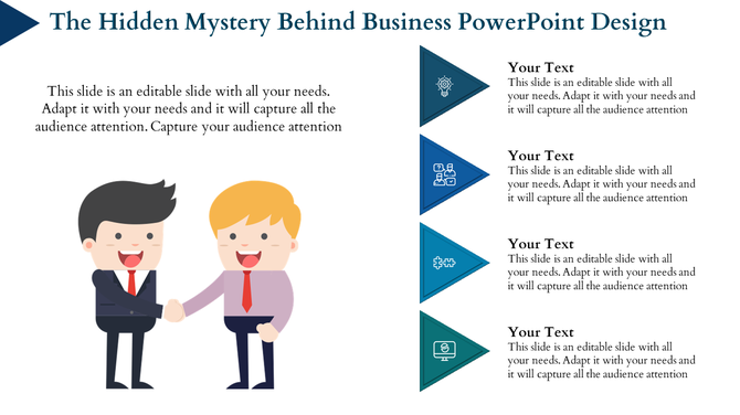 Infographic with two characters shaking hands and a vertical list of four text sections with blue triangular icons.