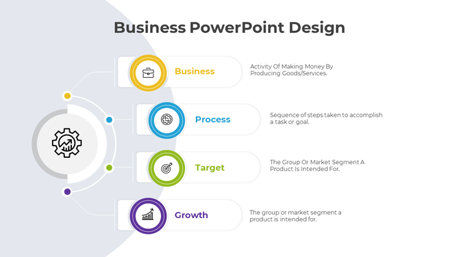 Four step business process design with icons for business, process, target, and growth on a circular flow.