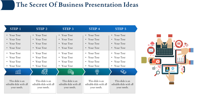 Step-by-step business table with placeholders and a colorful illustration of technology and hands.