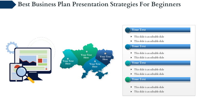 A business plan slide with icons representing a computer, mobile device, and a map, with text areas for content.