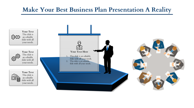 Business slide showing a silhouette presenter beside a screen and a roundtable discussion with participants. 
