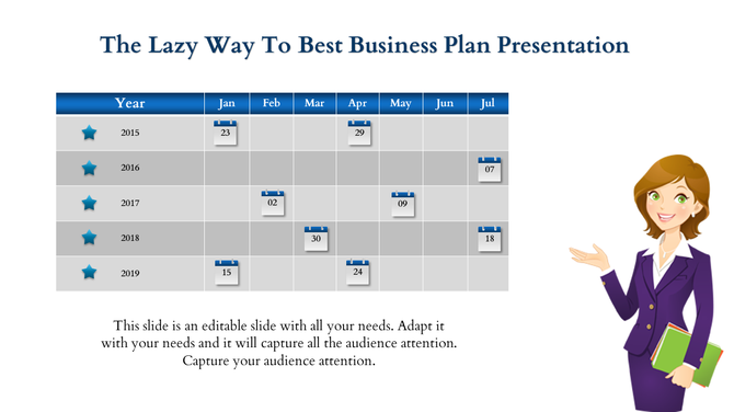 Business plan timeline with dates for 2015–2019 in a table format and a cartoon woman in a purple suit holding books.