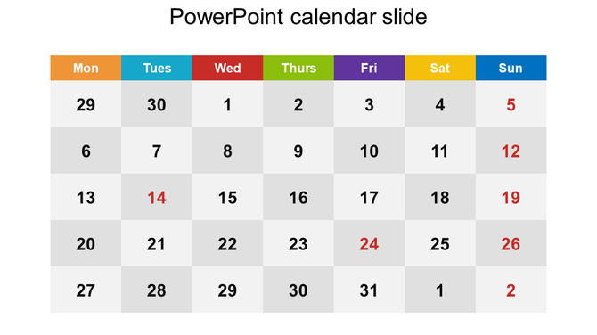 Calendar slide displaying a monthly calendar with color coded days, highlighting dates with text for certain days of month.