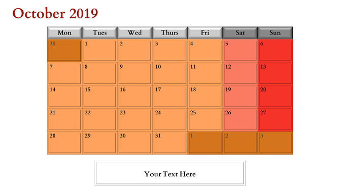 October 2019 calendar with a grid layout, shaded in orange, red, and brown tones, featuring days of the week headers.