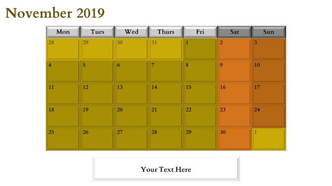 November 2019 calendar in a grid layout with yellow and orange shades for each day, and a blank text box below.