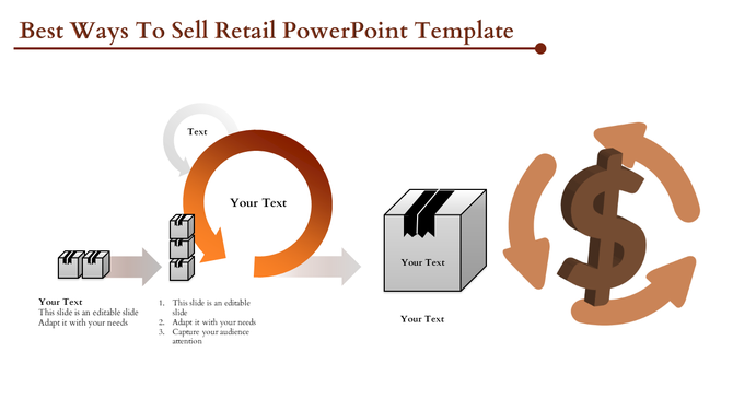 Slide design illustrating retail sales with a sequence of boxes, an orange arrow, and a money symbol on the right.