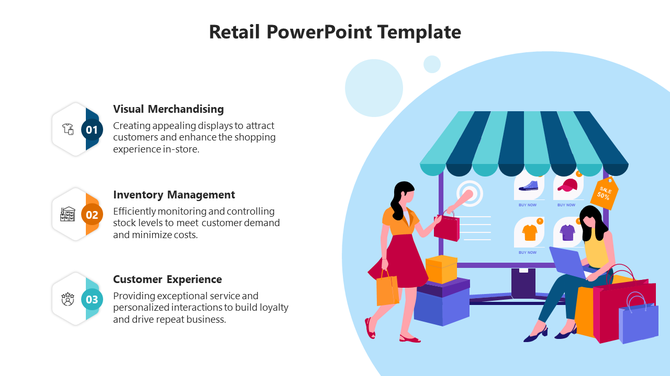 A retail themed slide with a store display illustration from visual merchandising to customer experience.