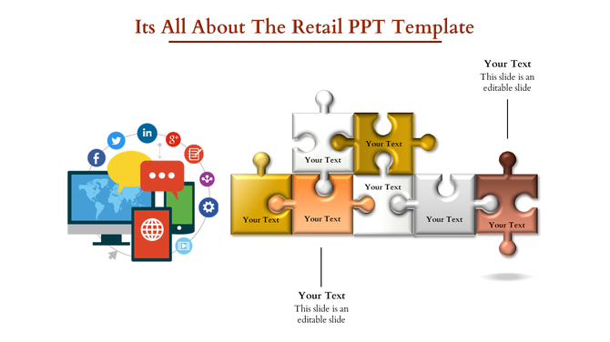 Retail template featuring interconnected puzzle pieces with placeholder text and a computer screen with social media icons.
