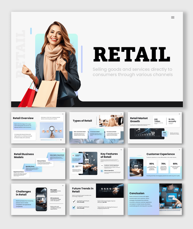 Infographic of a retail process with three colorful segments linked to a central store icon with a caption area.