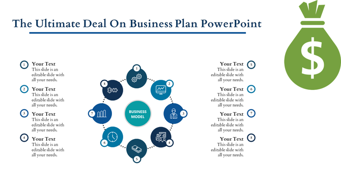 Business plan template featuring a circular layout of eight numbered icons linked to a central circle.