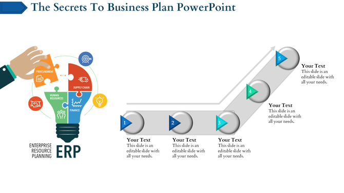 Business plan slide with a lightbulb diagram and five numbered steps in blue and green arrows on a gray ascending path.