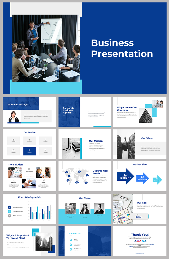Business slides featuring team collaboration visuals, company mission, market statistics, charts, and contact information.