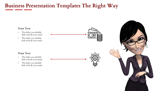 Business template showing text placeholders with money and idea icons, alongside a waving cartoon woman in a suit.