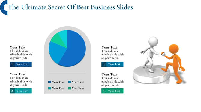 Business slide featuring a colorful pie chart, numbered text placeholders, and 3D figures representing teamwork.