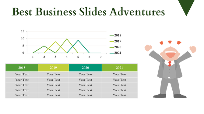 Business slide with a line graph tracking data from 2018 to 2021 accompanied by a table with placeholders for yearly data.