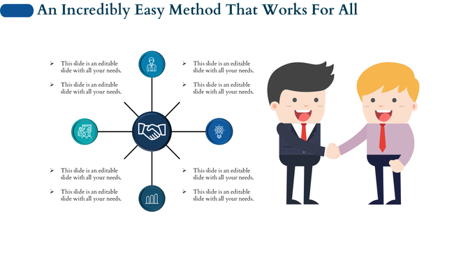 Illustration of two men shaking hands with four circular icons around a central icon, representing teamwork.