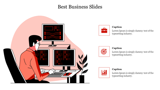 Business slide featuring a person working with multiple monitors, with icons and captions.