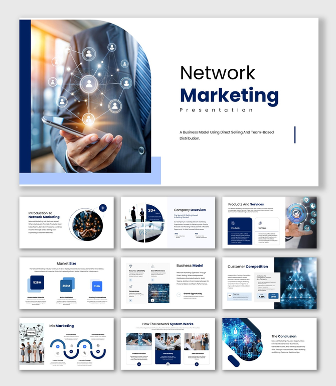 The network marketing presentation with blue color theme, team network icons, charts, and business model diagrams.
