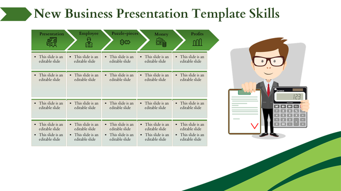 Business table with five categories, editable text, and a cartoon businessman holding a clipboard and calculator.