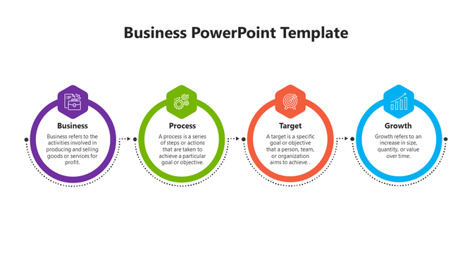 Slide featuring a flowchart with icons for business, process, target, and growth in a business template.