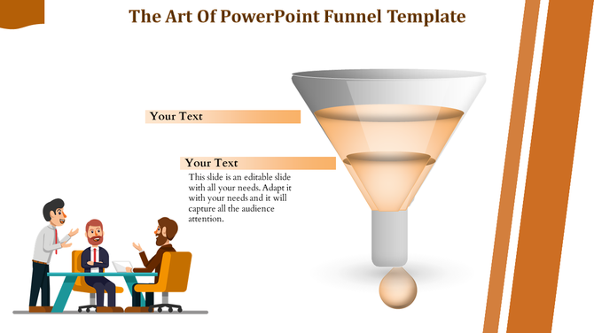 Illustration of three people having a discussion at a table next to a transparent funnel diagram with text placeholders.
